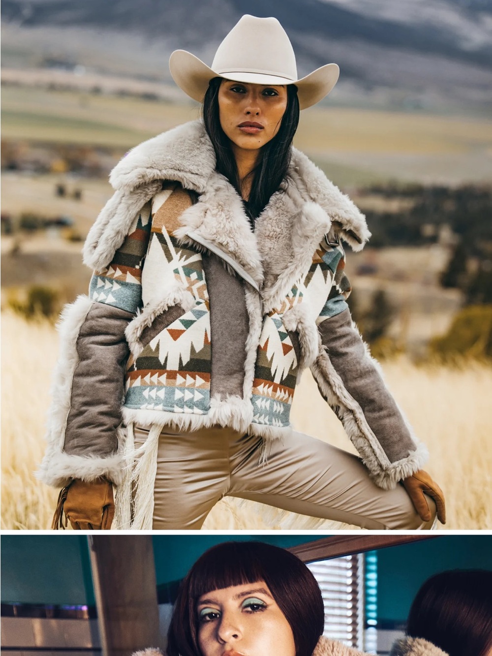 Western-Inspired Taupe & Multi Teddy Shearling Jacket